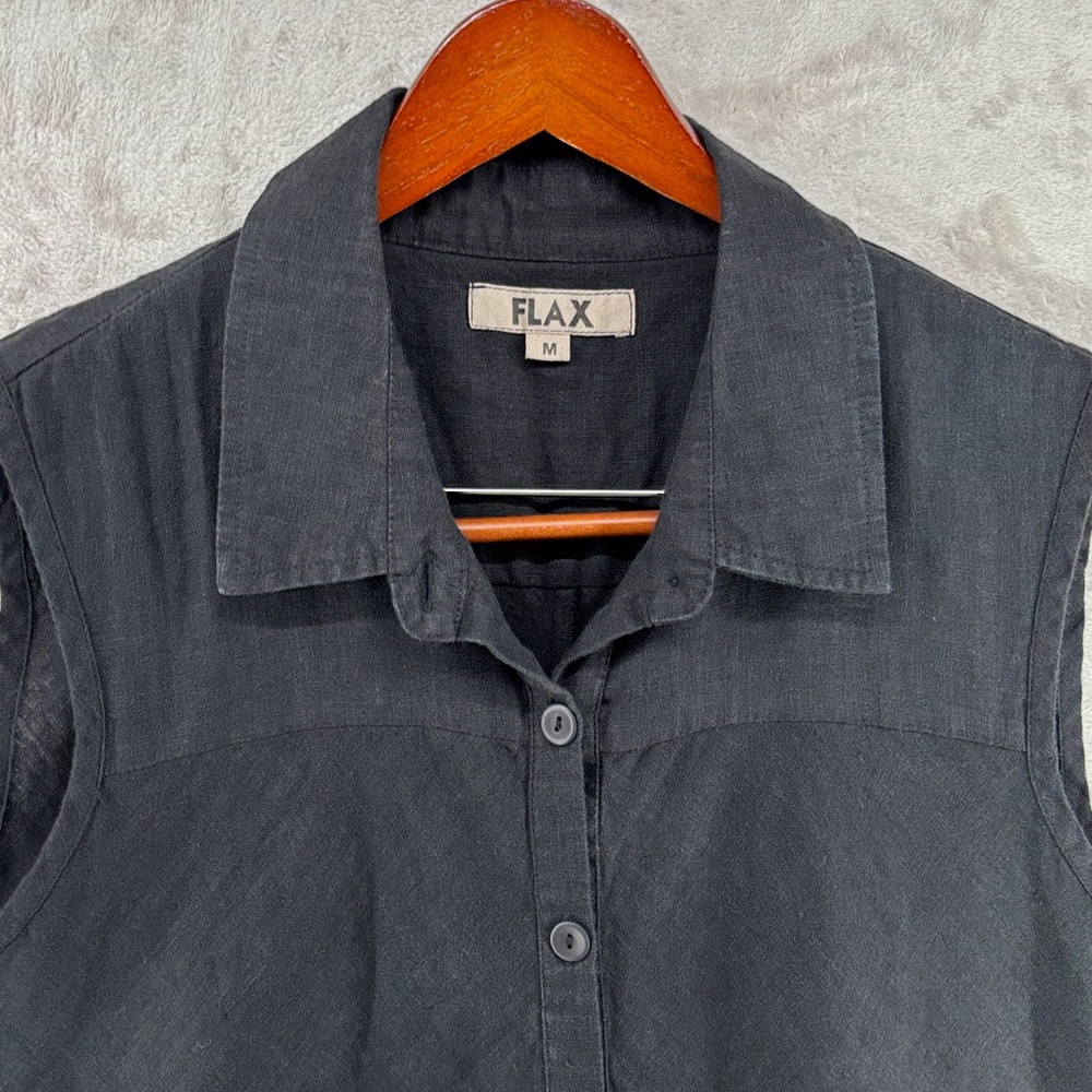 Flax 100% Linen Black Sleeveless Button-Down Lagenlook Shirt Tunic Dress, size M - Picture 5 of 11